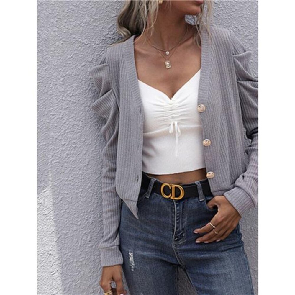 Ribbed V-Neck Button-Up Cardigan - Picture 3 of 7